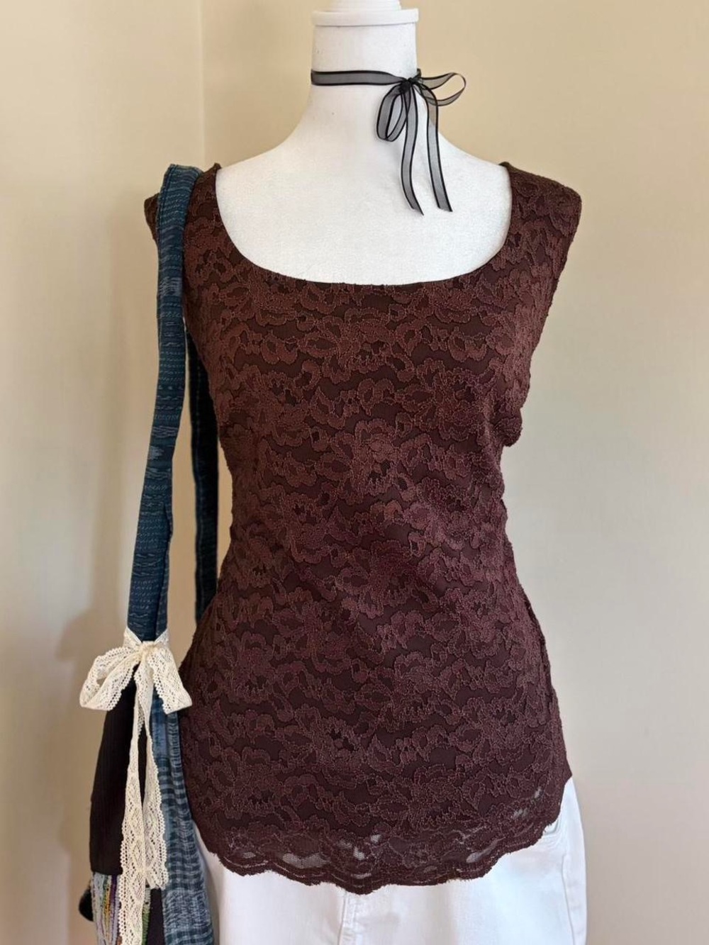 Vintage Y2K lace fairy top brown boho grunge romantic tank like Ann Ferriday XL
